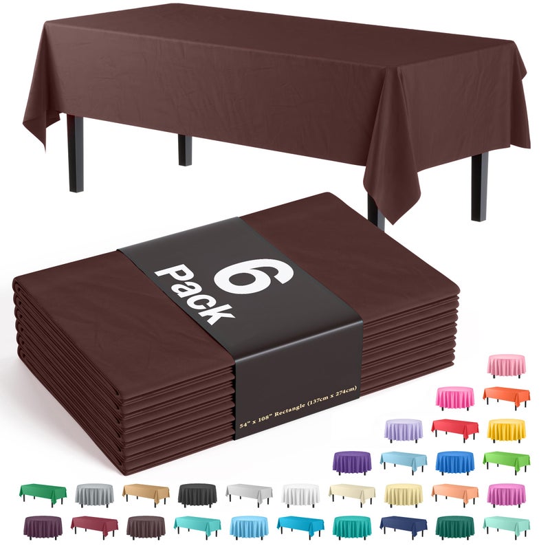 Party Solids 6-Pack Premium Plastic Tablecloth 54in. X 108in. Rectangle Plastic Table Cover - Brown - Image 1